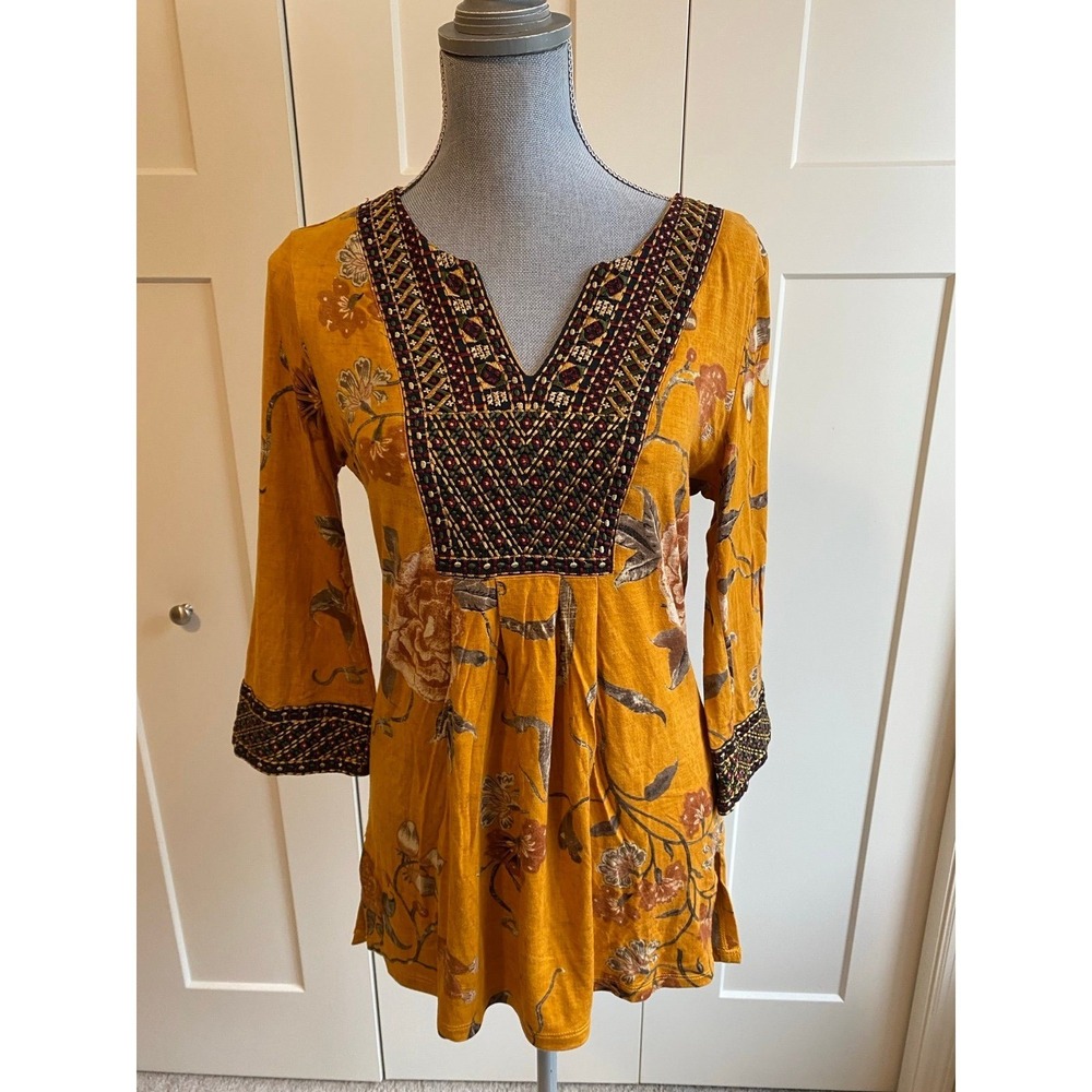 Soft Surroundings Tunic Antique Gold Embroidered Top Women Small Artsy s45